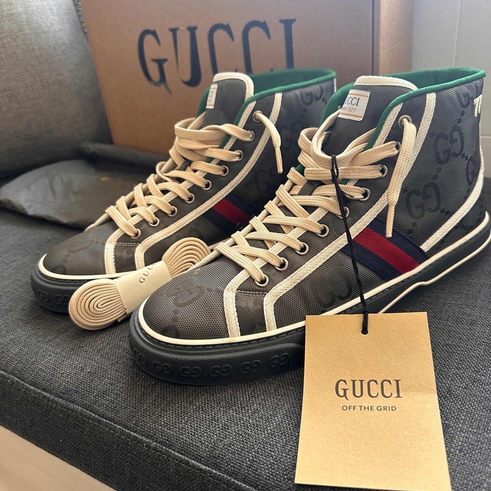 Gucci Gray High-Top Sneakers with Signature Web Stripe